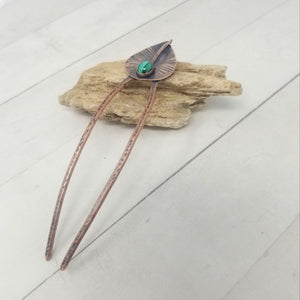 Copper Leaf Crystal Hair Fork, Hammered Copper with Malachite Gemstone