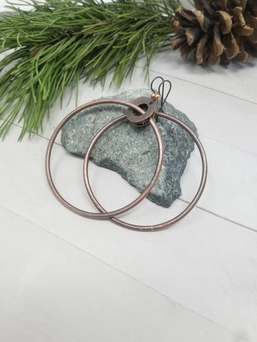 Large Rustic Copper Dangle Hoop Earrings.