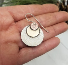 Load image into Gallery viewer, Mixed Metal Layered Disc Earrings. Sterling Hooks, Copper, Brass and Nickel Silver.