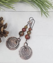 Load image into Gallery viewer, Red Creek Jasper Copper Earrings with Hypoallergenic Niobium Ear Wires.