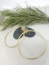 Load image into Gallery viewer, Large 3 inch Brass Hoop Earrings, Classy and Minimalist Gold Metal Hoops with handmade Sterling Silver Ear Wires.