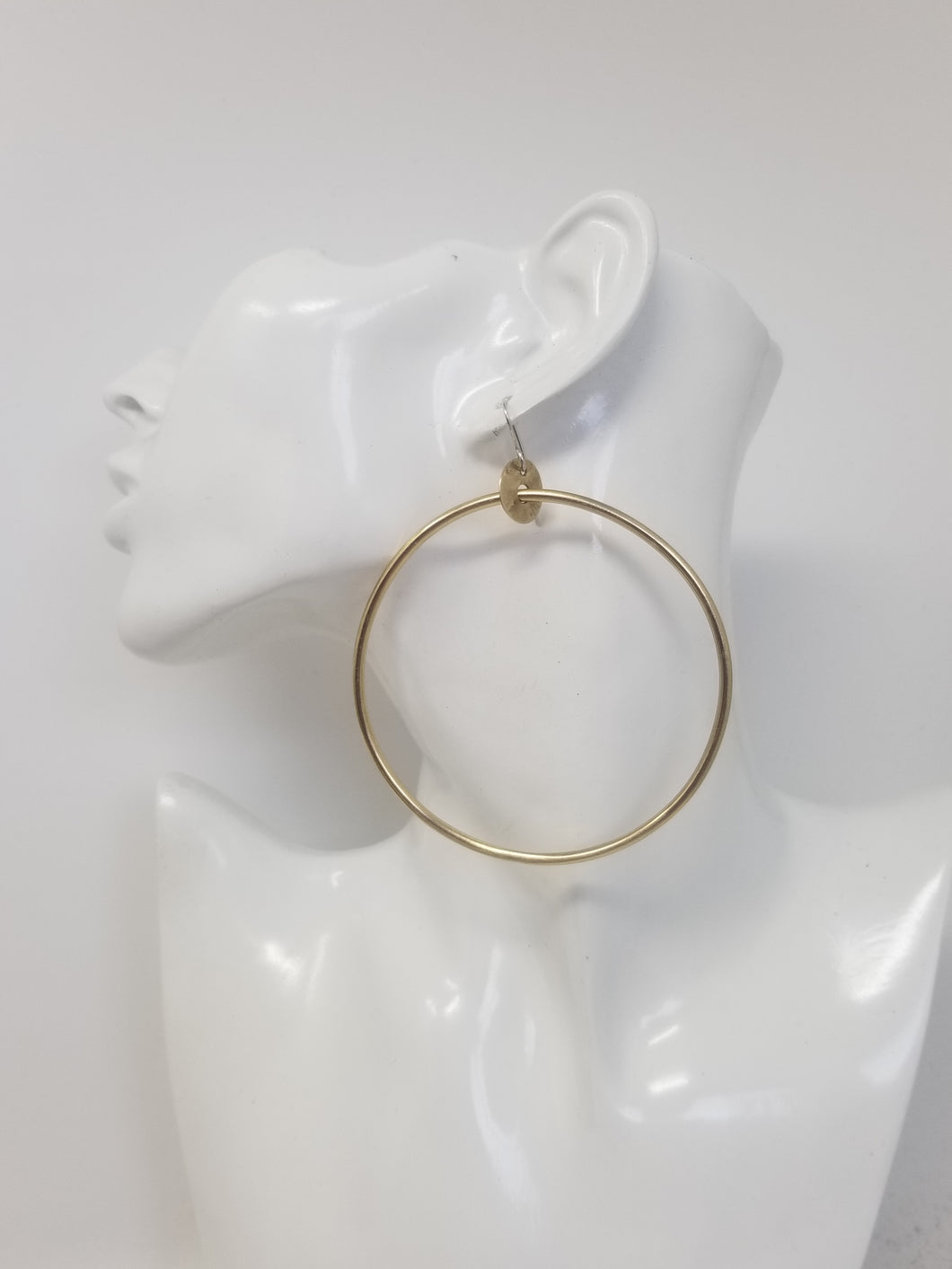 Large 3 inch Brass Hoop Earrings, Classy and Minimalist Gold Metal Hoops with handmade Sterling Silver Ear Wires.