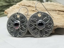 Load image into Gallery viewer, Garnet Mandala Earrings, Nickel Silver Flower Mandala Dangle Earrings with Red Garnets.