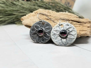 Garnet Mandala Earrings, Nickel Silver Flower Mandala Dangle Earrings with Red Garnets.