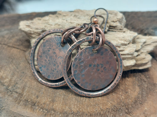 Rustic Hammered Copper Dangle Earrings, Antiqued Metal Round Circle Medallion Handmade