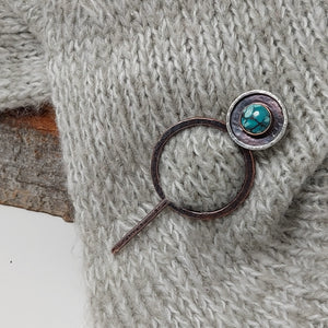 Antiqued Copper with Sterling Silver Turquoise Shawl Pin