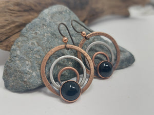 Black Onyx Copper and Sterling Silver Earrings