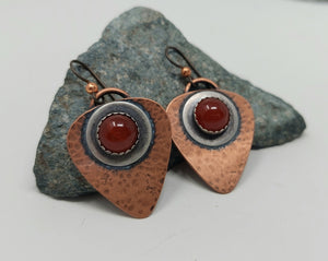 Carnelian Gemstone, Copper and Sterling Silver Dangle Earrings