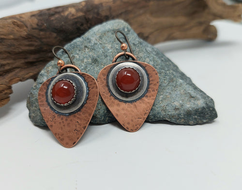 Carnelian Gemstone, Copper and Sterling Silver Dangle Earrings