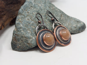 Sunstone Crystal, Copper and Sterling Silver Dangle Earrings