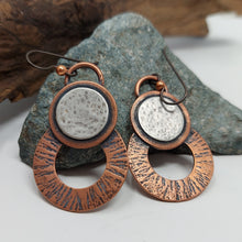 Load image into Gallery viewer, Hammered and Antiqued Copper and Sterling Silver Earrings.