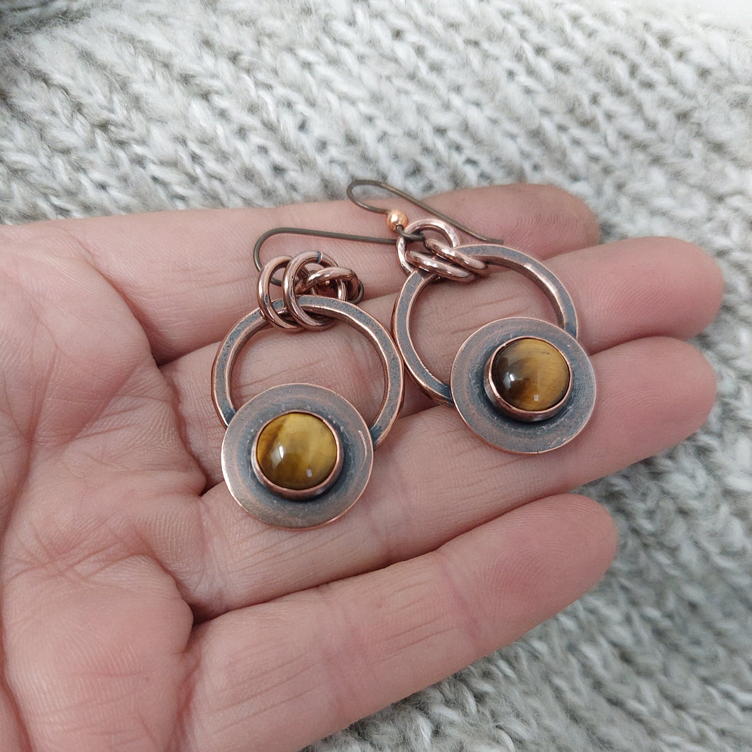 Antiqued Copper and Tigereye Stone Dangle Earrings