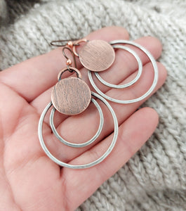 Sterling Silver and Copper Double Loop Dangle Earrings