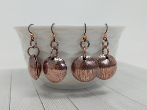 Domed and Hammered Copper Disc Dangle Drop Earrings