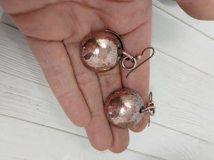 Domed and Hammered Copper Disc Dangle Drop Earrings