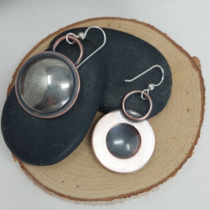 Antiqued Domed Sterling Silver and Copper Dangle Earrings