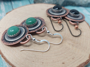 Green Aventurine Dangle Earrings Mixed Metal Copper and Silver