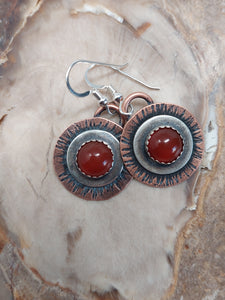 Hammered Copper and Silver Red Carnelian Dangle Earrings