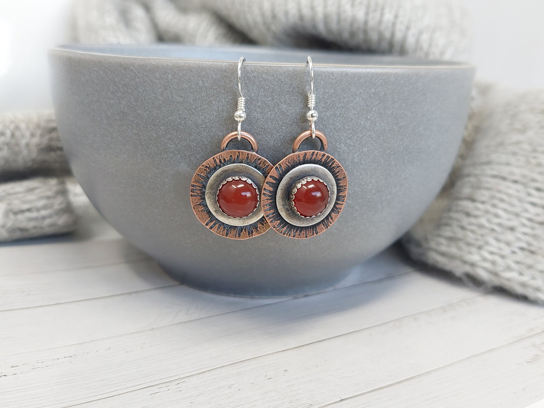 Hammered Copper and Silver Red Carnelian Dangle Earrings