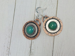 Green Aventurine Dangle Earrings Mixed Metal Copper and Silver