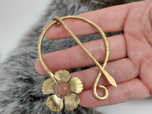 Load image into Gallery viewer, Sunstone Brass Flower Cloak Pin, Gold Metal Knitted Shawl Pin, Gemstone  Penannular