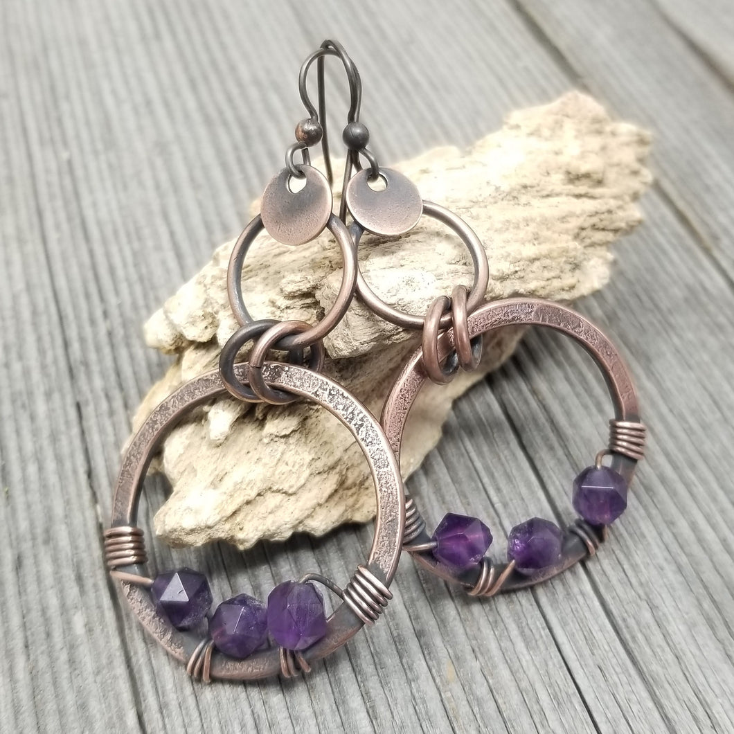 Wirewrapped Amethyst Crystal and Antiqued Copper Earrings
