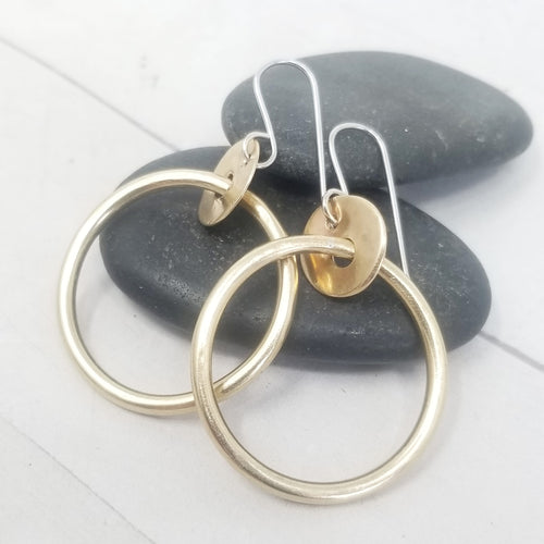 Small Brass Hoop Earrings, Classy and Minimalist with handmade Sterling Silver Ear Wires.