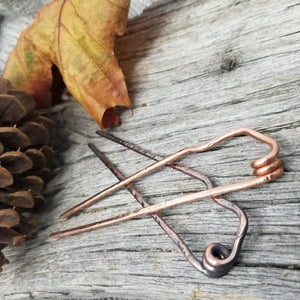 Hammered Copper Hair Fork, Square Shape with Spring Coil Feature, 4 Inches long.