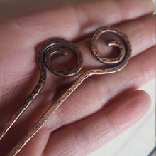 Load image into Gallery viewer, Spiral Hair Pins, Set of 2 Hair Sticks, Hammered Copper Hairsticks. Rustic Copper Hair Accessories.