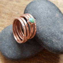 Load image into Gallery viewer, Turquoise Gemstone Ring Set of 5, Thin Copper Stacking Rings with Tibetan Turquoise.