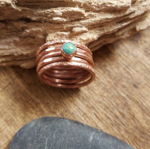 Turquoise Gemstone Ring Set of 5, Thin Copper Stacking Rings with Tibetan Turquoise.