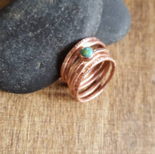 Load image into Gallery viewer, Turquoise Gemstone Ring Set of 5, Thin Copper Stacking Rings with Tibetan Turquoise.