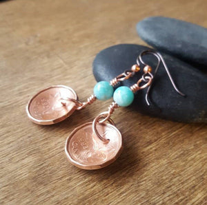 Custom Lucky Penny Earrings, Copper Anniversary  Birth Year Jewelry, Wedding Date Jewelry