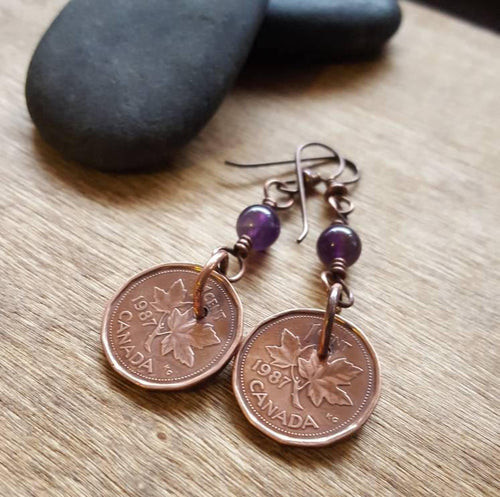 Canadian Penny Coin Earrings, Birthday or Anniversary Gift, Dangle Earrings.Purple Amethyst.