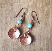 Load image into Gallery viewer, Custom Lucky Penny Earrings, Copper Anniversary  Birth Year Jewelry, Wedding Date Jewelry