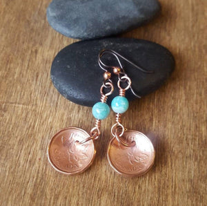 Custom Lucky Penny Earrings, Copper Anniversary  Birth Year Jewelry, Wedding Date Jewelry
