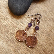Load image into Gallery viewer, Canadian Penny Coin Earrings, Birthday or Anniversary Gift, Dangle Earrings.Purple Amethyst.