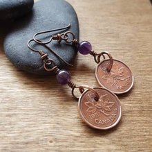 Load image into Gallery viewer, Canadian Penny Coin Earrings, Birthday or Anniversary Gift, Dangle Earrings.Purple Amethyst.