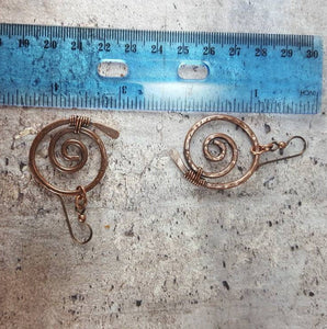 Rustic Copper Earrings, Tribal Boho Earrings. Spiral Earrings, Metaphysical Symbol Jewelry