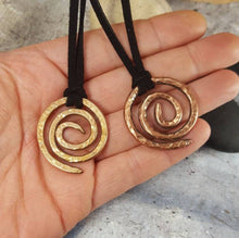 Load image into Gallery viewer, Celtic Spiral Necklace, Ancient Symbol, Rustic Hand forged hammered Metal Viking Pendant,