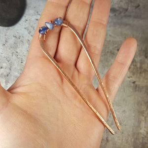Hair Pin Blue Kyanite, Copper Hair Fork Bun Holder Pin, Metal Hair Jewelry.