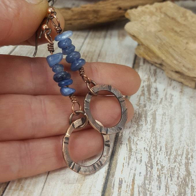 Blue Kyanite Earrings, Rustic copper Crystal Chip Earrings