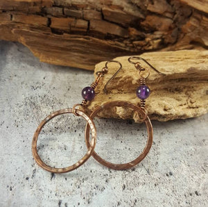 Amethyst Dangle Earrings, Copper Hoop Earrings, Rustic Copper Boho Earrings, Bohemian Jewelry, Purple Crystal. February Birthstone Mom Gift.