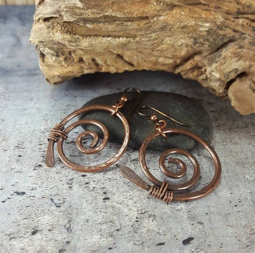 Rustic Copper Earrings, Tribal Boho Earrings. Spiral Earrings, Metaphysical Symbol Jewelry