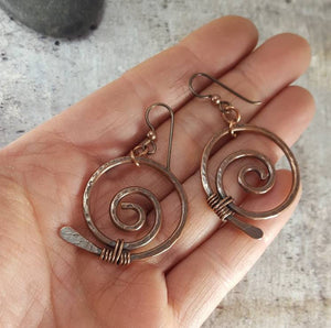 Rustic Copper Earrings, Tribal Boho Earrings. Spiral Earrings, Metaphysical Symbol Jewelry