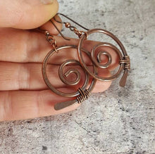 Load image into Gallery viewer, Rustic Copper Earrings, Tribal Boho Earrings. Spiral Earrings, Metaphysical Symbol Jewelry