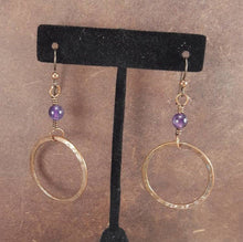 Load image into Gallery viewer, Amethyst Dangle Earrings, Copper Hoop Earrings, Rustic Copper Boho Earrings, Bohemian Jewelry, Purple Crystal. February Birthstone Mom Gift.