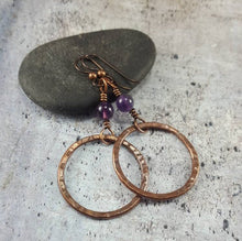 Load image into Gallery viewer, Amethyst Dangle Earrings, Copper Hoop Earrings, Rustic Copper Boho Earrings, Bohemian Jewelry, Purple Crystal. February Birthstone Mom Gift.
