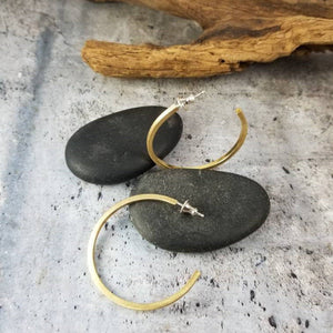Gold Metal Earrings, Brass Hoops. Semicircle Open Hoop Earrings, Post Earrings, 1 1/2" Dia