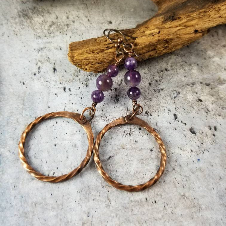 Rustic Copper Amethyst Crystal Dangle Earrings. Boho Jewelry
